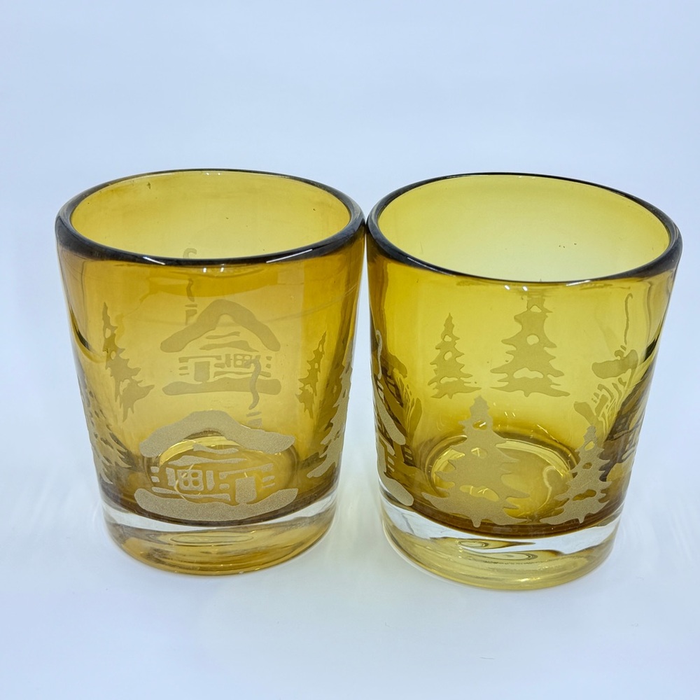 Home Studio Glass Etched Double Old-Fashioned Woodland Amber Glasses Set of 2